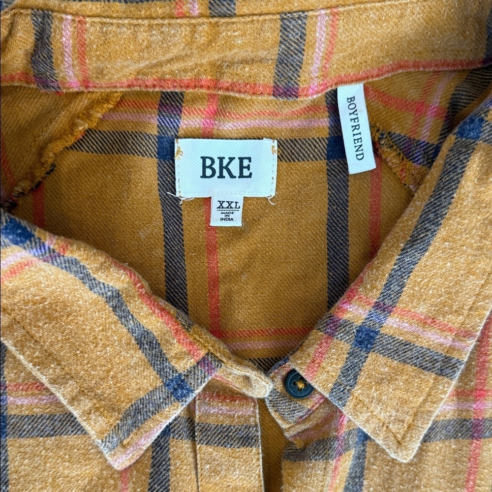 BKE Women’s Mustard and Navy Plaid Button Down Flannel - Picture 3 of 4